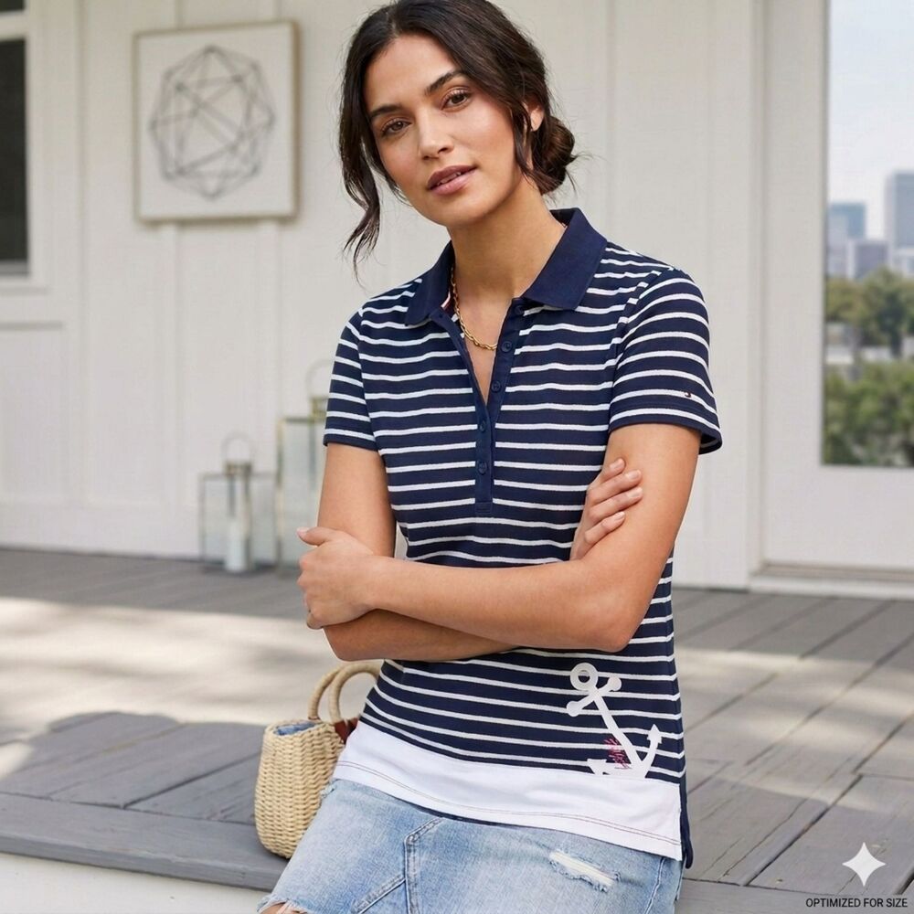 Tommy Hilfiger Striped Polo Shirt Large L Navy Blue White Anchor Nautical Preppy